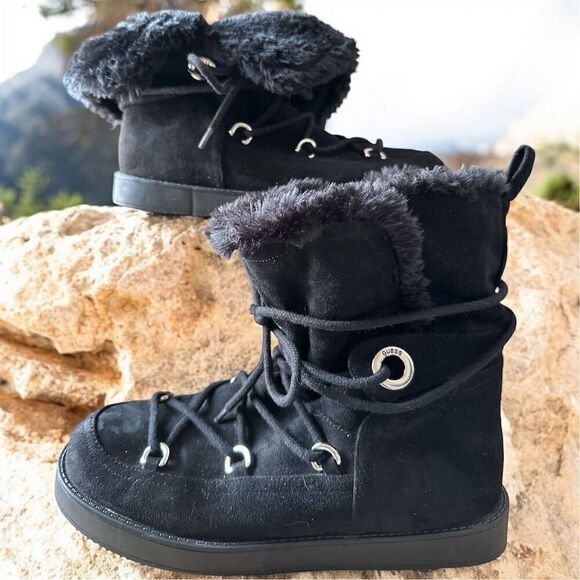 Guess Larya Lace-Up Suede Boots Black Faux Shearling Warm Lined - Picture 1 of 14